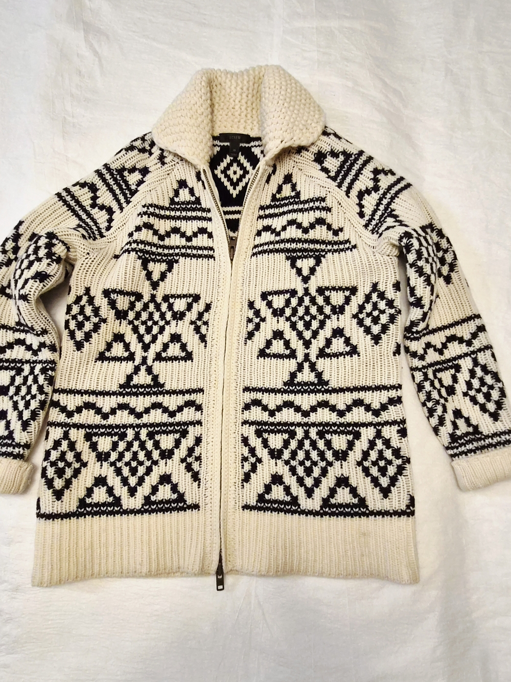 J. Crew Cream and Black Geometric Zip Cardigan